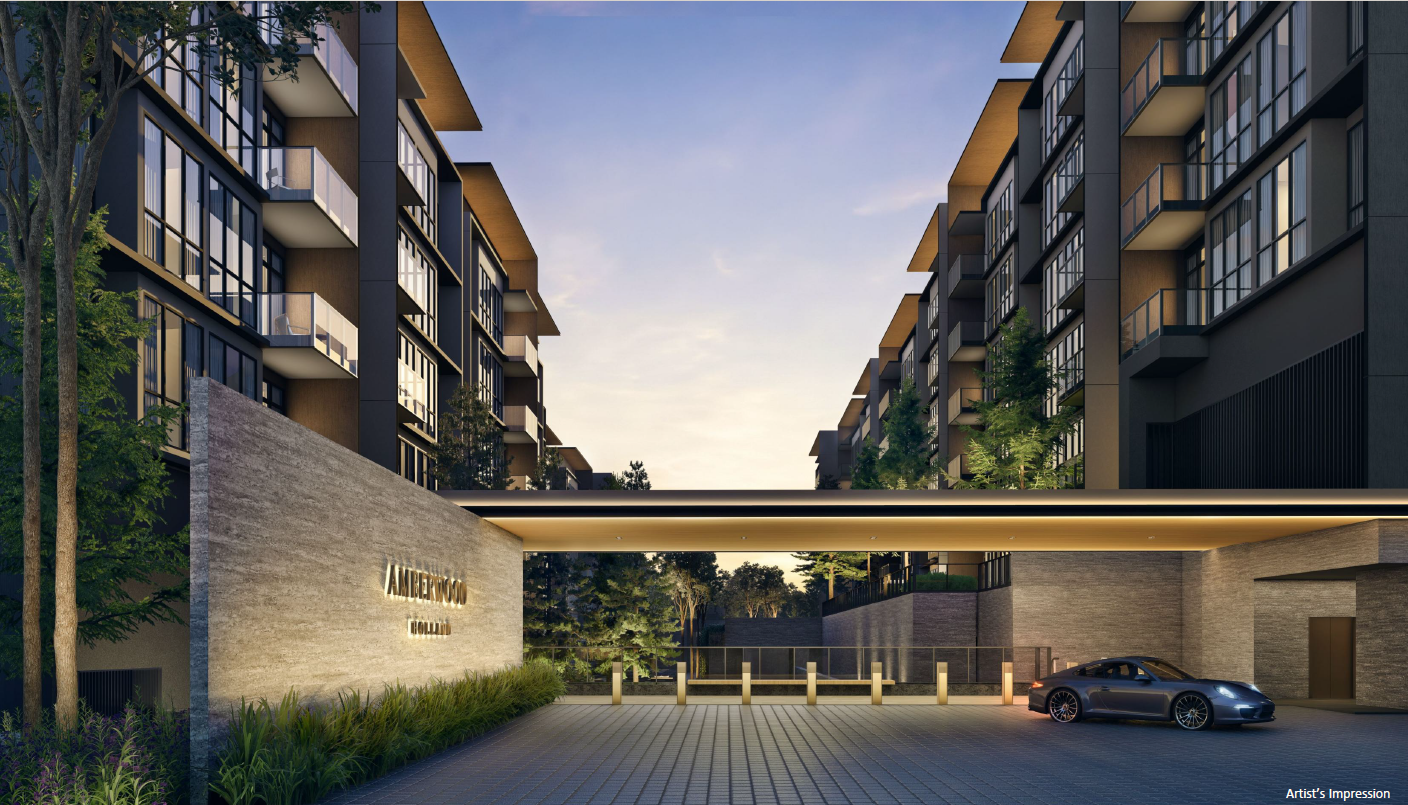 Amberwood at Holland Grand Arrival — porte-cochere entrance amid mature greenery